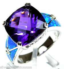 Huge Amethyst and Blue Fire Opal Inlay Solid 925 Sterling Silver Ring Sz 6,7,8,9