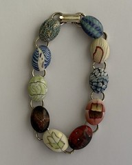 Porcelain Multicolor Design Bracelet 7.5in Round Chain Link Silver Tone Ladies
