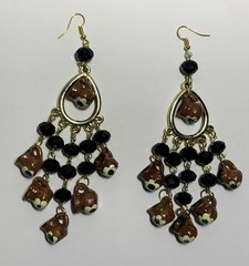 Handcrafted Bear Head Chandelier Earrings Gold Tone Brown Black