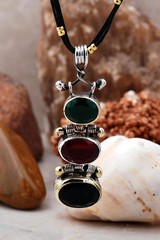 Created Emerald, Ruby, Sapphire «Step» Design Oxidized Sterling Silver Necklace