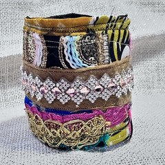 Wide Cuff Bracelet Boho Multicolor Fabric Baroque Embellished Handmade OOAK 6-7