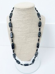 NWT Genuine Leopard Obsidian, Black Onyx & Pearls Necklace Gray Black