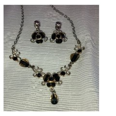 Vintage Silver Tone Necklace with Brown & Gold Tone Beads and Earrings