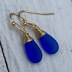 Min Favorit Cobalt Blue Sea Glass Teardrop & Gold Pl Artisan Wrap Earrings