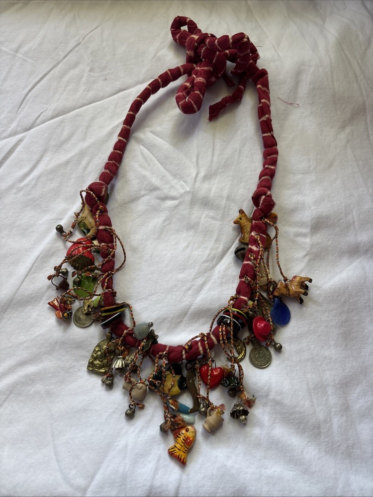 Handmade Multiple Clay/Metal Charm Coin Scarf Necklace Peruvian S American Gypsy