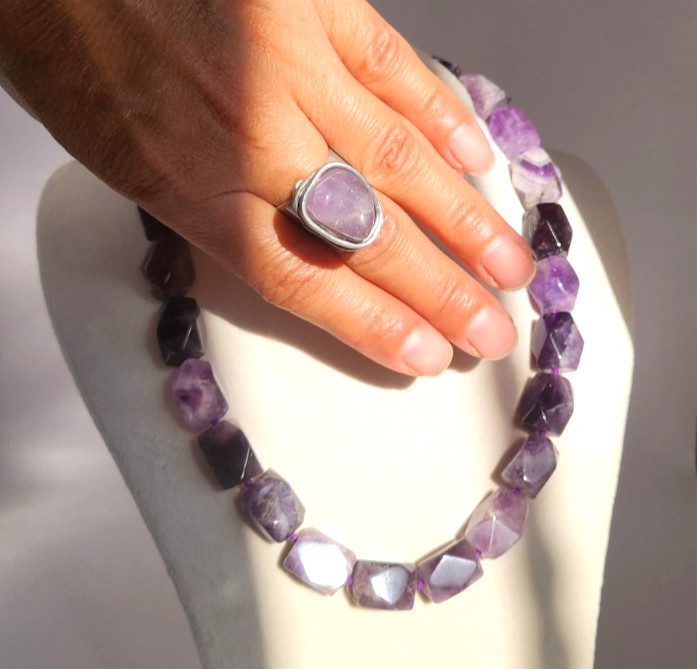 Handcrafted Purple Amethyst Nugget Necklace Silver Wire Wrap Ring Jewelry Set