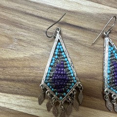 Handcrafted Beaded Teardrop Dangle Earrings Glass Purple Turquoise Gold 2in