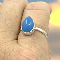 Natural Pear Cut Blue Chalcedony Ring Solid 925 Sterling Silver US Size 8