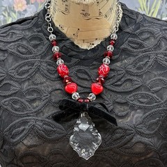 Adorned Crown Jewelry assemblage red heart bead crystal drop ribbon necklace