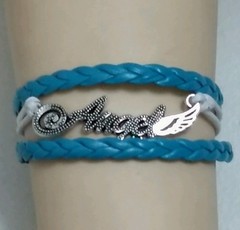 ANGEL ADJUSTABLE LEATHER BRACELET – WHITE & TEAL HANDMADE -6 1/2″-8 1/2″- #286