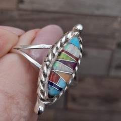 Sterling Silver Zuni Style Inlay Ring Size 10 Multi Stone Signed R Southwestern