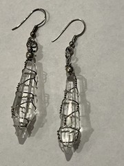 Wire-wrapped Clear Quartz Crystal Point Dangle Earrings Silver-toned Ear