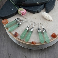 Natural Green Aventurine Crystal Gemstone Teardrop Dangle Drop Earrings Silver