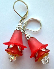 double RED Acrylic FLOWER & Faceted AB CRYSTAL earring SP LEVER BACK XX