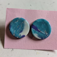 Handcrafted Blue & White Round Polymer Clay Stud Earrings for Lobe