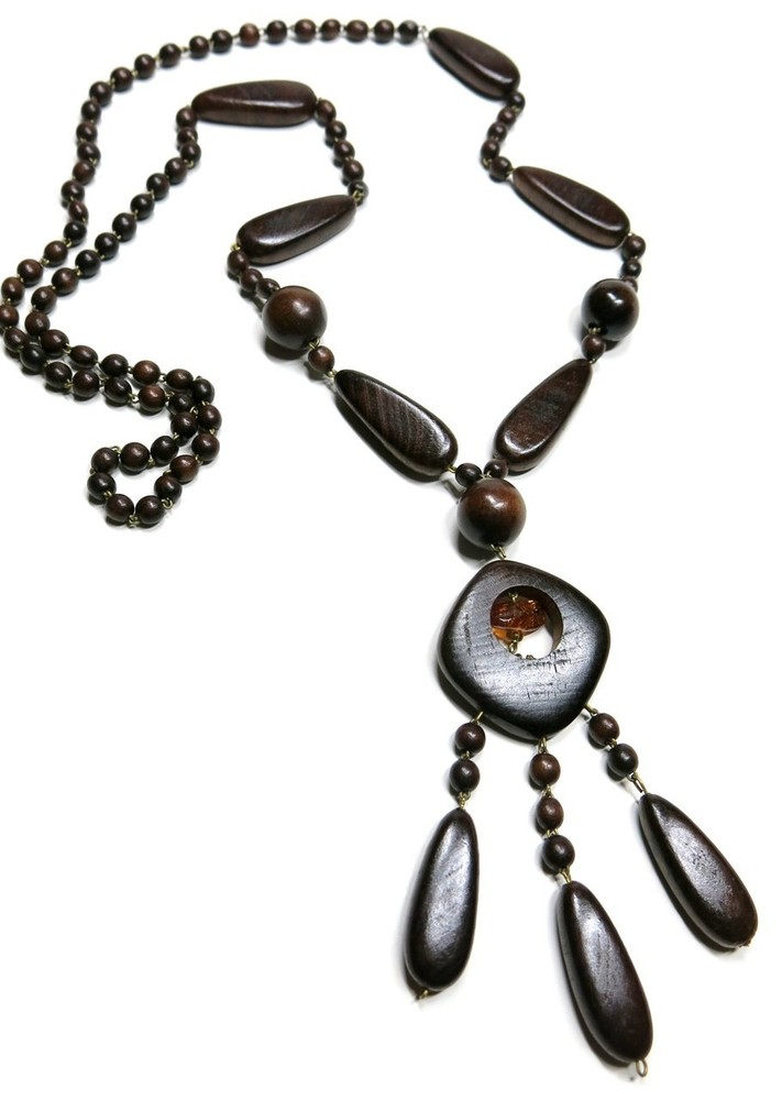 Tango Hand Crafted Wood Ethnic Bohemian Amber Pendant Necklace Artisan Jewelry