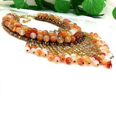 Gorgeous! Red Carnelian, Crystal & Seed Bead Necklace w/Gold Tone Clasp 16-19″