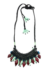 Noonday Collection Bib Statement Necklace Artisan Beaded Black Burgundy Fringe