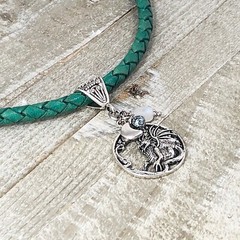 Emerald Green 6mm Bolo Chord w Silver Pewter Chinese Dragon, Rainbow Moonstone