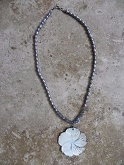 Purple/Gray Pearls & Faceted Labradorite Necklace w MOP Flower Pendant Sterling