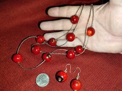 Handmade sterling silver 925 hardware & red coral beaded necklace & earrings set
