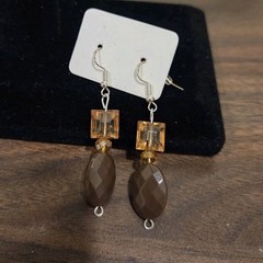 Handcrafted Beaded Dangle Earrings Glass Brown Yellow Silver Hook Women