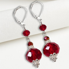 Silver Plated Red Crystal Earrings Handmade Dangle Drop Leverback Gift