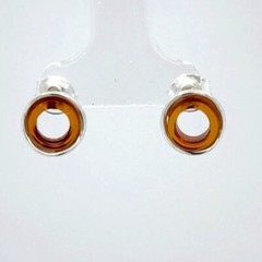 Cognac / Brown BALTIC AMBER Circle Post Earrings 925 STERLING SILVER #1023e