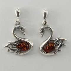 Cognac / BALTIC AMBER Swan Post Dangle Earrings 925 STERLING SILVER 5341e