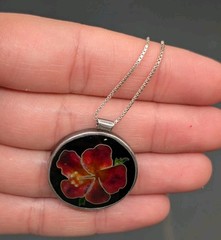 Cloisonne Enamel Sterling Silver Hawaii Hibiscus Flower Signed Pendant Necklace
