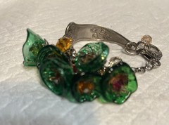 Handcrafted Spoon Bracelet with 6 Lamp Work Green Flower Beads .7 1/2 inches .