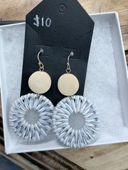 Handcrafted Bohemian Wood & Thread Round Dangle Earrings Beige Blue White