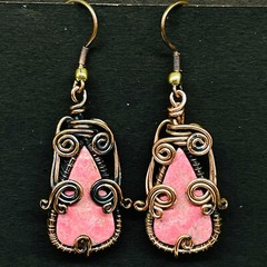 Natural Rhodonite Gemstone Copper Wire Wrapped Handcrafted Earrings 41x19mm