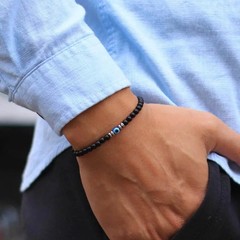 Natural Black Tourmaline Evil Eye 4mm Beads Empath Protection Stretch Bracelet