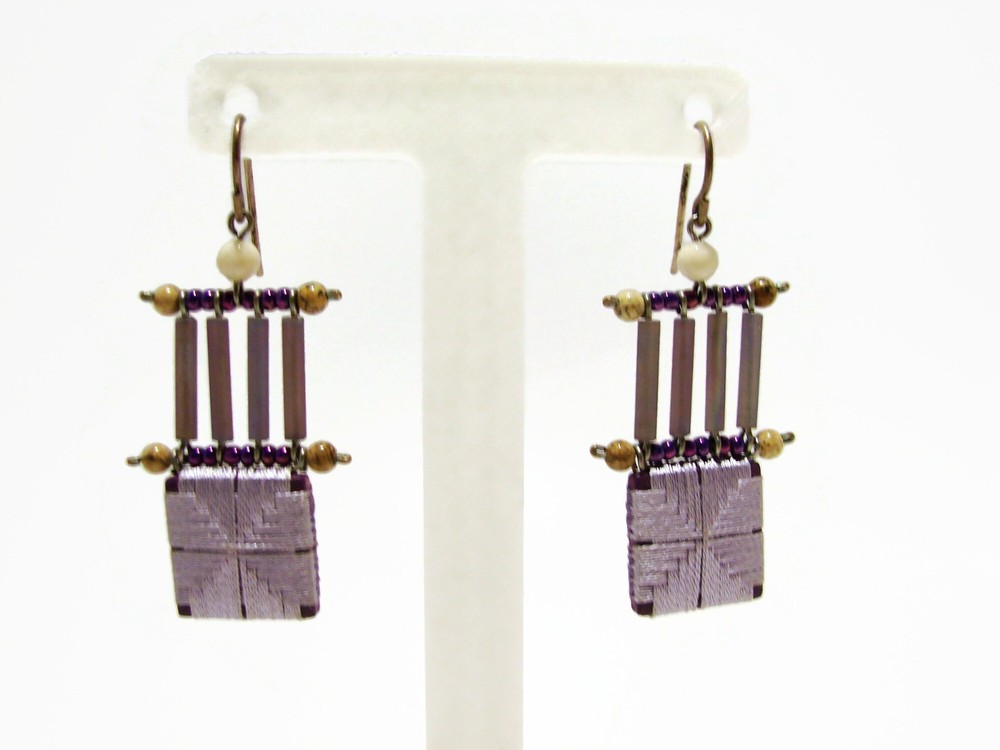 Vintage Artisan Purple Woven Thread and Bead Dangle Earrings Sterling Silver