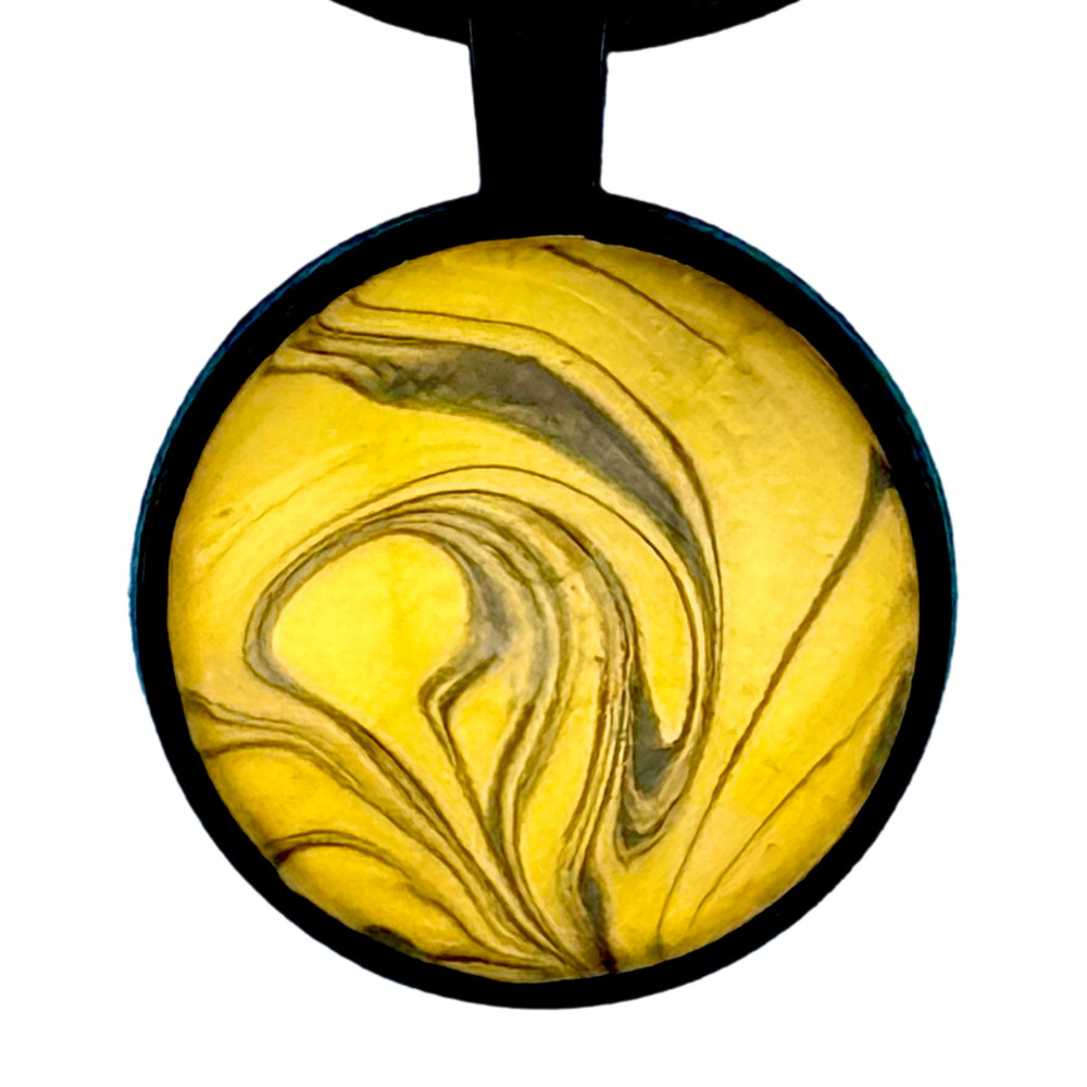 Pendant Necklace Handmade «Golden Swirl» Black Bezel 25mm Black Cord