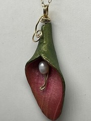 HANDMADE “Sylvan Spirit” Calla Lily Pendant with Freshwater Pearl, Gold Filled