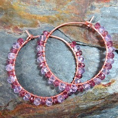 Pink Amethyst Rhodolite Garnet Purple Gemstone Wire Wrap Hoop Earrings Copper
