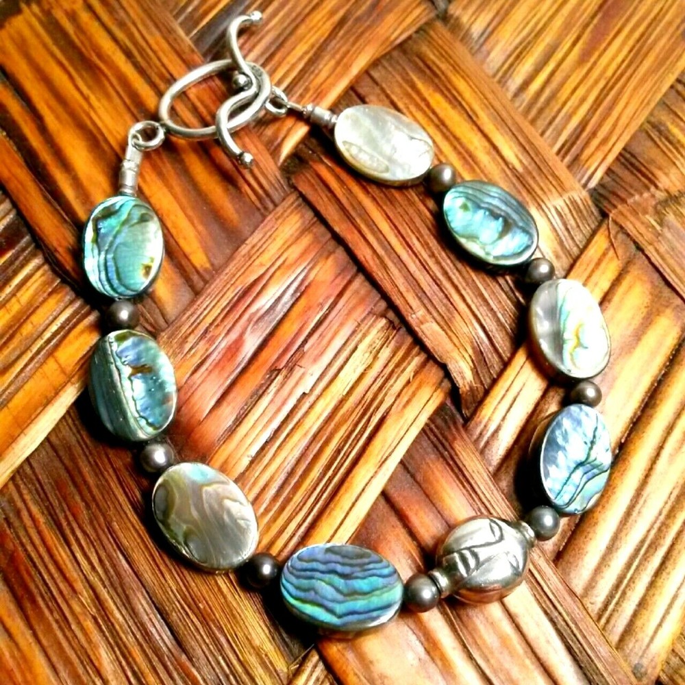 ABALONE PAUA, FRESHWATER PEARL, BUDDHA STERLING SILVER TOGGLE BRACELET