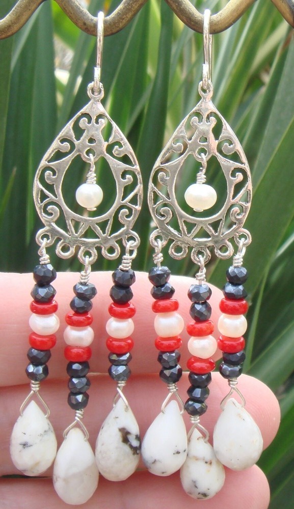 Handmade Dendritic Opal Pearl Chandelier Earrings, Red Coral Mystic Black Spinel