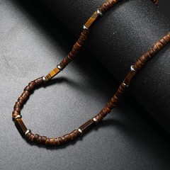 Mens Brown Coconut Shell Wood Bead Necklace Natural Stone Boho Surfer Jewelry