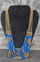 Vintage, Artisan, Multi Strand, Egyptian Blue And Gold Tone Beaded Bib Necklace