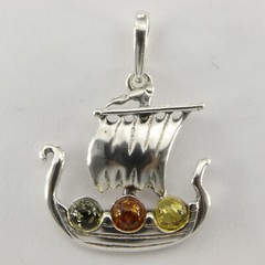 Multi-Color BALTIC AMBER Viking Ship Pendant 925 STERLING SILVER Poland #4002e