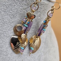 Vintage TABRA Signed Amethyst Turquoise Gemstone Hearts Circle Dangle Earrings