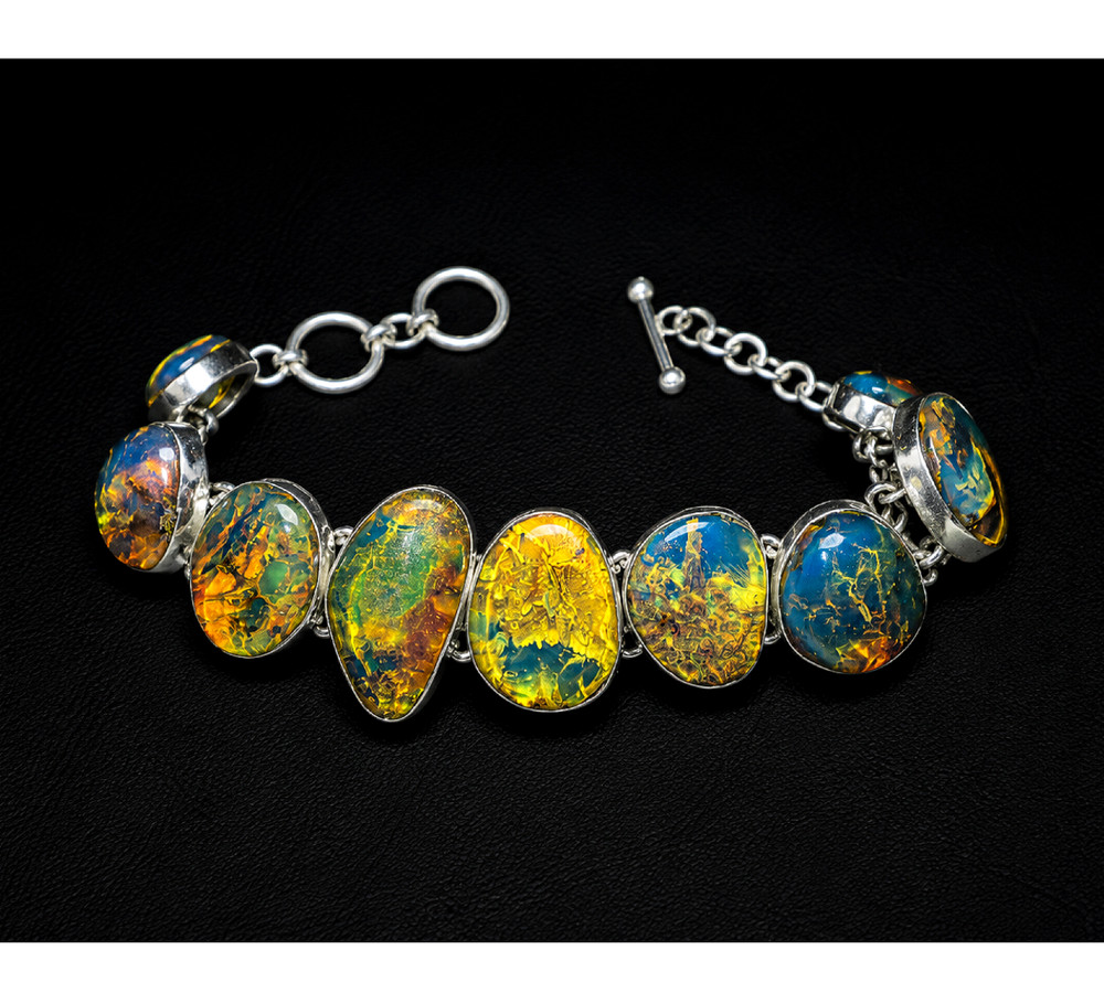 Fine Rare Blue Yellow Dominican Amber 925 Sterling Silver Bracelet 6.3 Inch