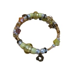 Handmade 11in Wrap Bracelet-Plastic, Glass, Rhinestone Spacers-3 Goldtone Charms