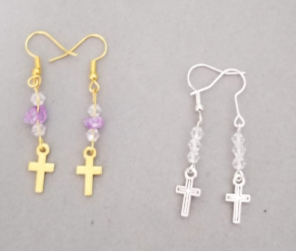 Pink & Clear Quartz Earrings with Tiny Crosses- 2 Sets– Handmade
