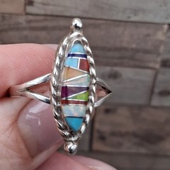 Sterling Silver Zuni Style Inlay Ring Size 10 Multi Stone Signed R Southwestern