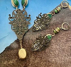 Deco Egyptian Revival Necklace Set, Neiger Style Glass Pharaoh, Green, Bronze