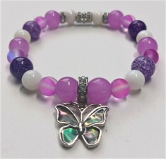 Butterfly Charm Purple, Lavender and White Beaded Bracelet